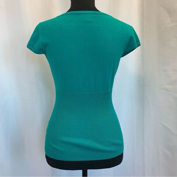 Teal green short sleeve V-neck zip front knit sweater Sz S - Picture 3 of 8